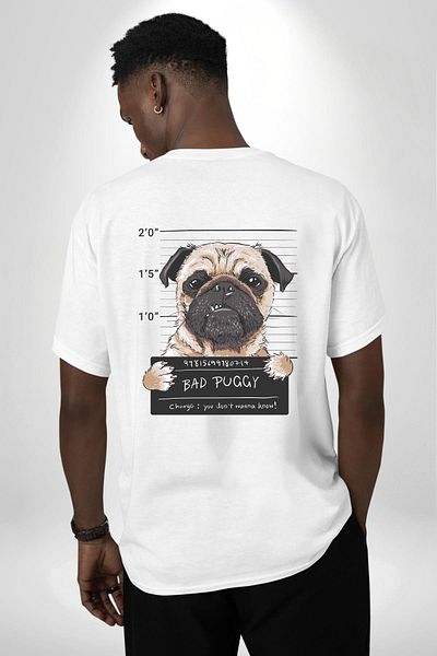 Angemiel تي شيرت مطبوع عليه وجه مجرم Pug Bad Dog للنساء والرجال باللون الأبيض مقاس كبير من الأمام والظهر