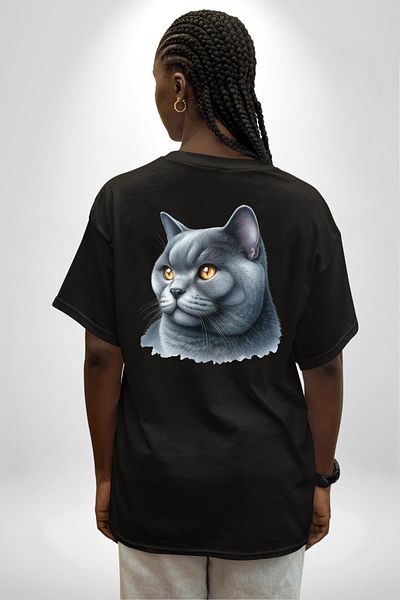 Angemiel British Shorthair Cat Black Oversize Women's Men's Front and Back Printed T-Shirt