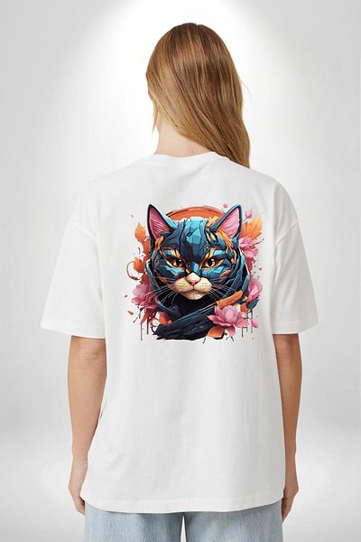 Angemiel تي شيرت Robotic Cat Cyberpunk Cyber ​​Cat أبيض كبير الحجم للنساء والرجال مطبوع من الأمام والظهر