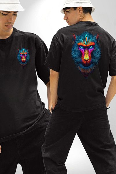 Angemiel Colorful Mandrill Monkey Black Oversize Women's Men's Front and Back Printed T-Shirt