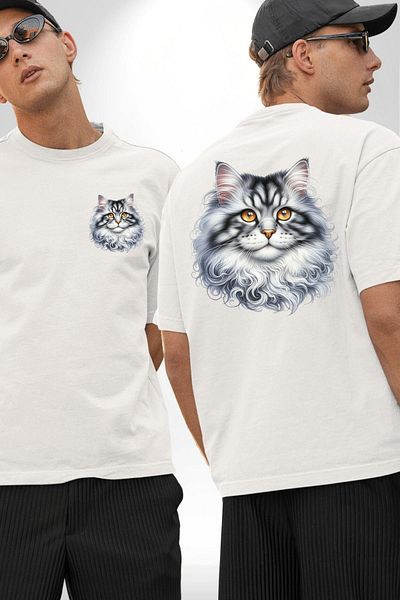 Angemiel Norwegian Forest Cat White Oversize Women's Men's Front and Back Printed T-Shirt