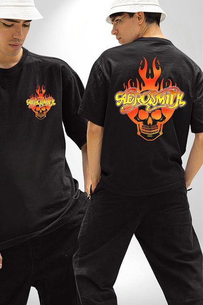 Angemiel Aerosmith Fire Skull Black Oversize Women's Men's Front and Back Printed T-Shirt