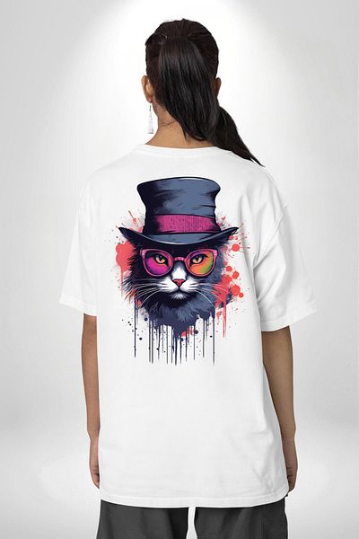 Angemiel Asi Graffiti Inspired Glasses Cat White Oversize Women's Men's Front and Back Printed T-Shirt