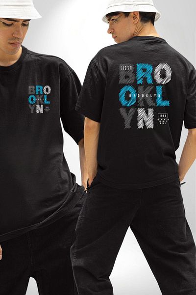 Angemiel Brooklyn Printed Street Fashion and Creative Black Oversize Women's Men's Front and Back Printed T-Shirt