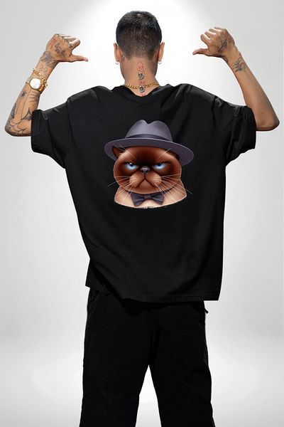 Angemiel Cat's Elegant Solemnity Hat and Bow Tie Black Oversize Women's Men's Front and Back Printed T-Shirt