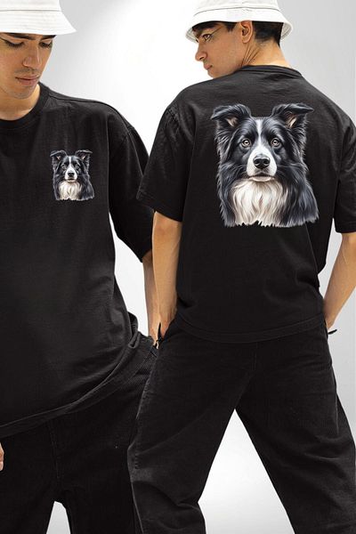 Angemiel Sweet Border Collie Energetic Clever Dog Design Black Oversize Women Men Front and Back Printed T-Shirt