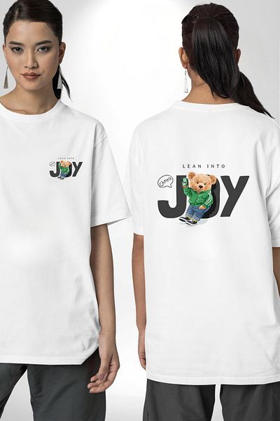 Angemiel Towards Joy Printed Cute Bear Design White Oversize Women's Men's Front and Back Printed T-Shirt