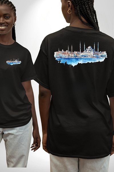 Angemiel Sultanahmet Mosque and Strait Illustration Black Oversize Women's Men's Front and Back Printed T-Shirt