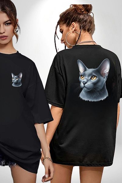 Angemiel Blue Russian Cat Black Oversize Women's Men's Front and Back Printed T-Shirt