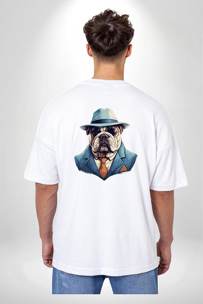 Angemiel تي شيرت City Gentleman Gangster Bulldog أبيض كبير الحجم للنساء والرجال مطبوع من الأمام والخلف
