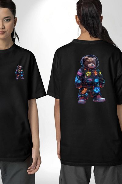 Angemiel Starry Night Bear Colorful Night Adventure Black Oversize Women's Men's Front and Back Printed T-Shirt