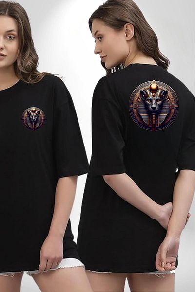 Angemiel Warrior Goddess Pakhet Egyptian Power Symbol Black Oversize Women Men Front and Back Printed T-Shirt