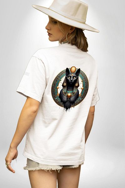 Angemiel تي شيرت Bastet Goddess Sacred Cat مصر القديمة باللون الأبيض كبير الحجم للنساء والرجال مطبوع من الأمام والظهر