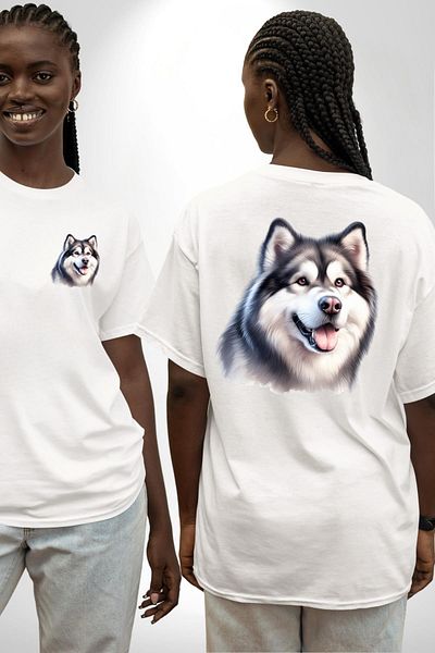Angemiel Alaskan Malamute Dog Design White Oversize Women's Men's Front and Back Printed T-Shirt