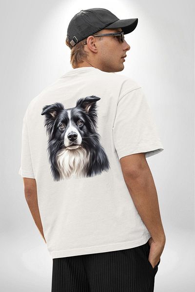Angemiel Sweet Border Collie Energetic Clever Dog Design White Oversize Women Men Front and Back Printed T-Shirt