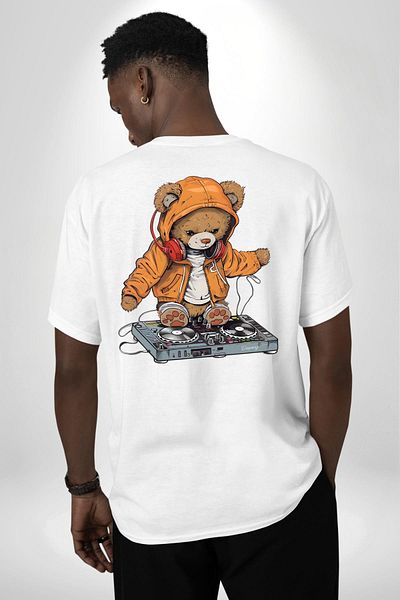 Angemiel تي شيرت DJ Teddy Bear Music Tema Hooded Teddy أبيض كبير الحجم للنساء والرجال مطبوع من الأمام والظهر