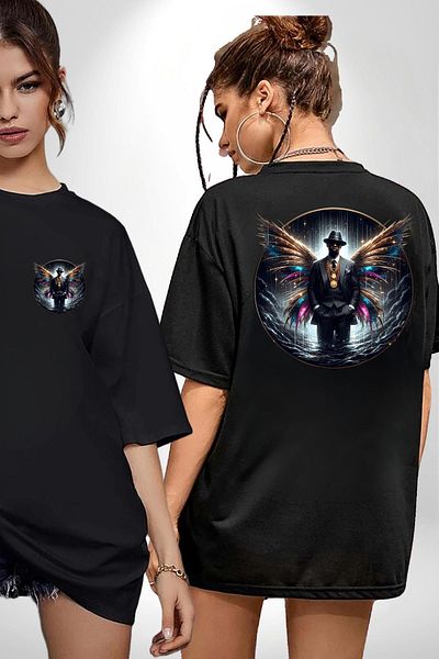 Angemiel Black Suit Winged Man Design Black Oversize Women Men Front and Back Printed T-Shirt
