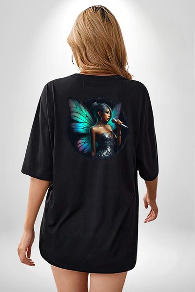 Angemiel Women's Black Oversize Women's Men's Front and Back Printed T-Shirt with Butterfly Wings in Shiny Dress