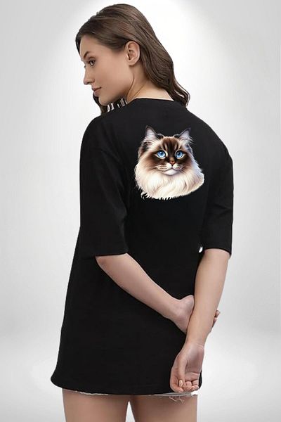 Angemiel Siberian Cat Black Oversize Women's Men's Front and Back Printed T-Shirt
