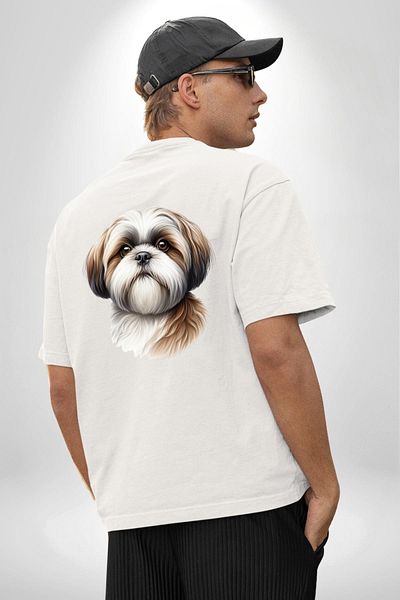 Angemiel Cheerful Shih Tzu Small Breed Dog Friendly White Oversize Women's Men's Front and Back Printed T-Shirt