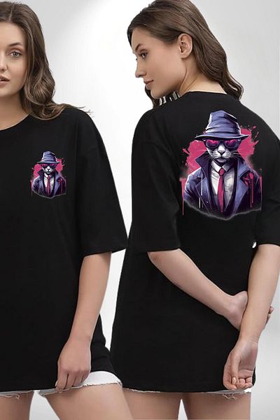Angemiel Cool Detective Cat Black Oversize Women Men Front and Back Printed T-Shirt