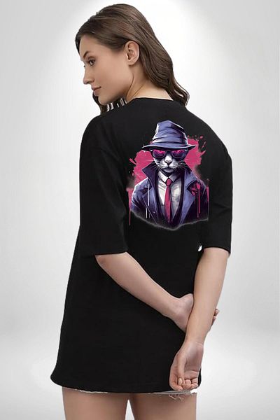 Angemiel Cool Detective Cat Black Oversize Women Men Front and Back Printed T-Shirt