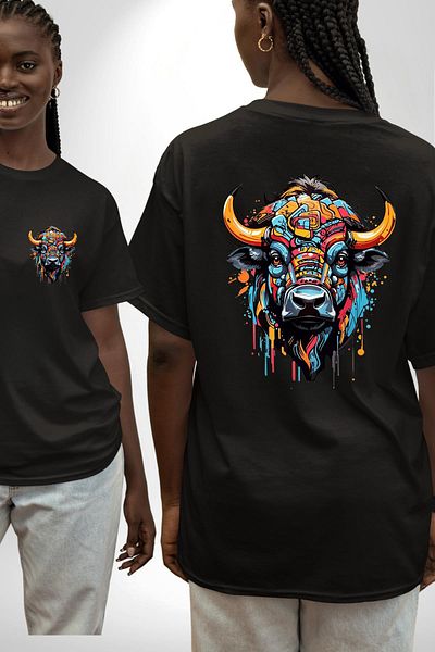 Angemiel Bull Strength Symbol of Indestructible Stability Black Oversize Women Men Front and Back Printed T-Shirt