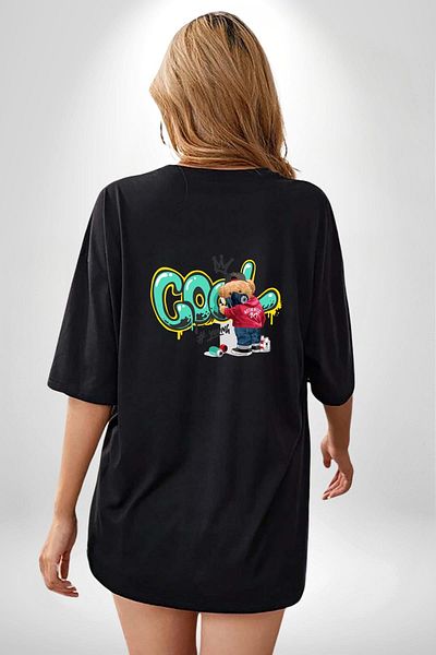 Angemiel Cool Graffiti Printed Youth and Street Fashion Black Oversize Women's Men's Front and Back Printed T-Shirt