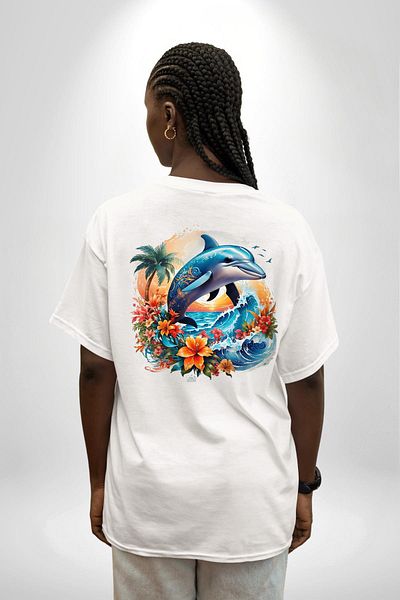 Angemiel تي شيرت Summer Spirit Floral Dolphin باللون الأبيض كبير الحجم للنساء والرجال مطبوع من الأمام والظهر