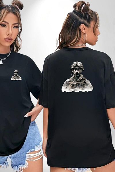 Angemiel War and Soldier Themed High Quality Graphic Black Oversize Women's Men's Front and Back Printed T-Shirt