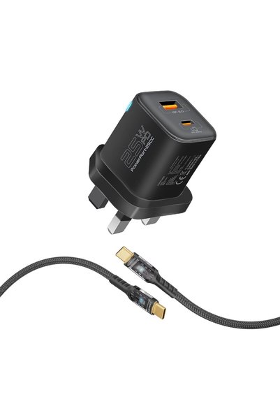 Promate شاحن حائط بمنفذين، 25 واط USB-C ™   شحن سريع بقوة 18 واط مع منافذ USB...