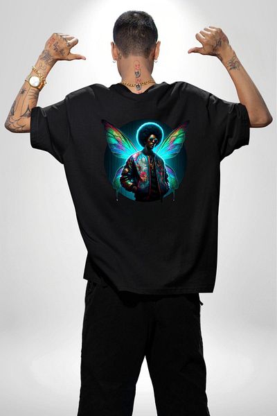 Angemiel Modern Men's Black Oversize Women's Men's Front and Back Printed T-Shirt with Glasses and Wings