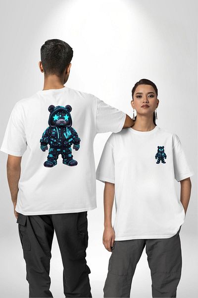 Angemiel Neon Night Glow Cyberpunk Teddy Bear White Oversize Women's Men's Front and Back Printed T-Shirt
