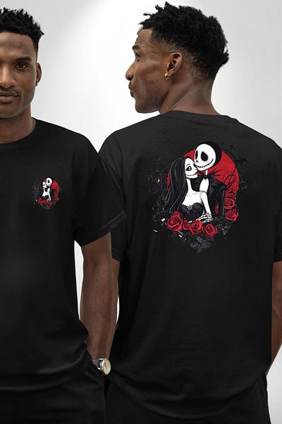 Angemiel Horror and Romance Themed Jack & Sally Black Oversize Women's Men's Front and Back Printed T-Shirt