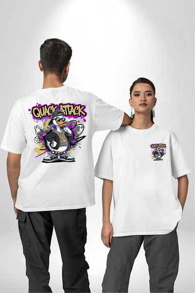 Angemiel تي شيرت Gangster Style Duck Cool Sports Shoes أبيض كبير الحجم للنساء والرجال مطبوع من الأمام والخلف