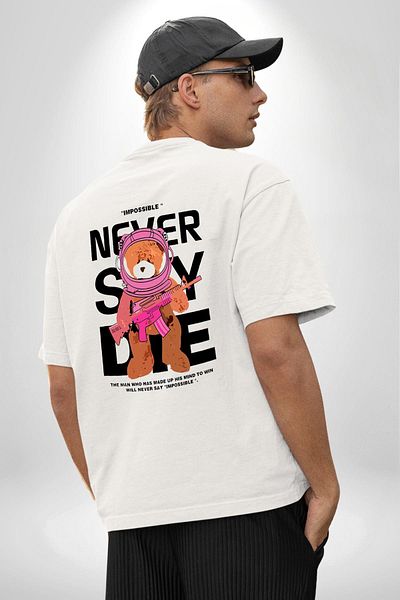 Angemiel Never Say Impossible Bear and Astronaut White Oversize Women Men Front and Back Printed T-Shirt