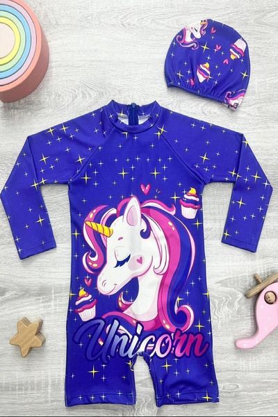 PODİUM GİYİM Trend New Cute Character Printed Long Sleeve Zipper Swimsuit- Bordered 2-Piece Sun Protection Girl'S- Swimsuit