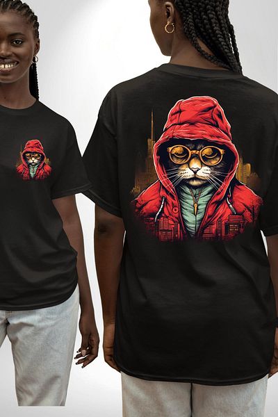 Angemiel Hooded Cat Pattern Black Oversize Women's Men's Front and Back Printed T-Shirt