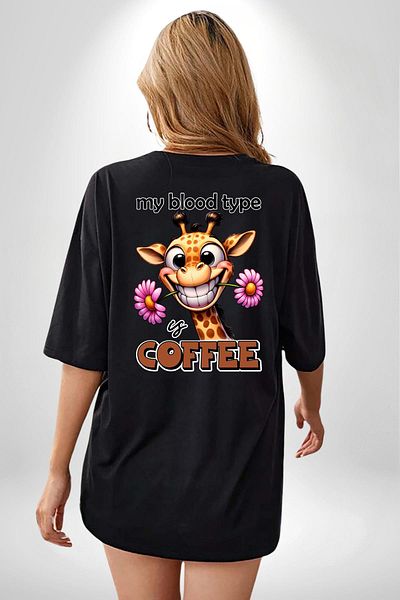 Angemiel Coffee Passion Love Giraffe Flower Black Oversize Women's Men's Front and Back Printed T-Shirt