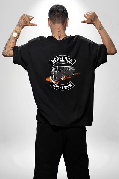 Angemiel Orange Detailed Black Minibus Design Black Oversize Women's Men's Front and Back Printed T-Shirt