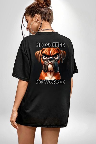 Angemiel My Work Without Coffee Coffee Love and Boxer Dog Black Oversize Women Men Front and Back Printed Tee