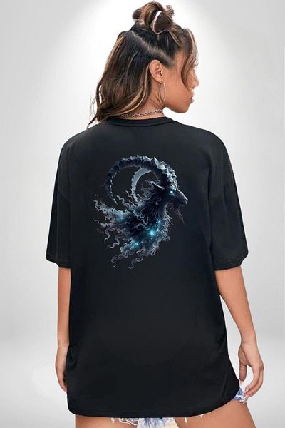 Angemiel Capricorn Special Design Black Oversize Women's and Men's Front and Back Printed T-Shirt