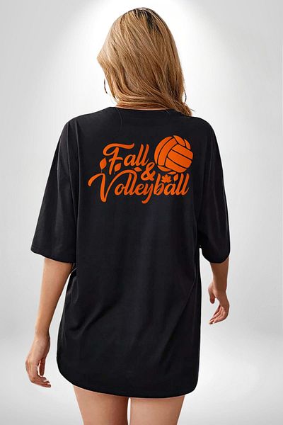 Angemiel Autumn Volleyball Orange Volleyball Ball Black Oversize Women Men Front and Back Printed T-Shirt