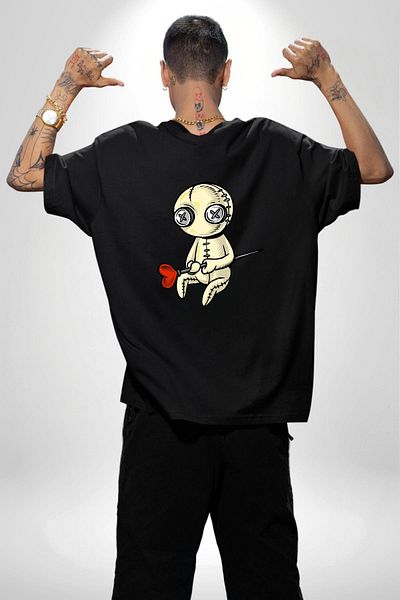 Angemiel Love and Pain Needle Voodoo Love Black Oversize Women Men Front and Back Printed T-Shirt