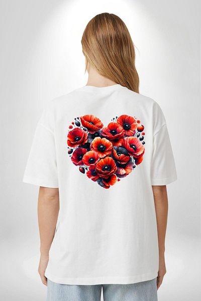 Angemiel تي شيرت Gelincik Growing Flowers with Love in Your Heart أبيض كبير الحجم للنساء والرجال مطبوع من الأمام والظهر