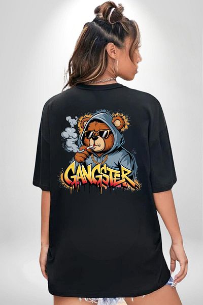 Angemiel  Bear Hoodie Hooded Bear Teddy Black Oversize Women Men Front and Back Printed T-Shirt