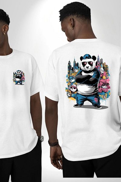 Angemiel تي شيرت Gangster Panda Hip-Hop Cool Panda أبيض كبير الحجم للنساء والرجال مطبوع من الأمام والظهر