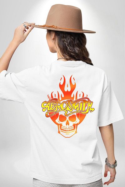 Angemiel تي شيرت Aerosmith Fire Skull أبيض كبير الحجم للنساء والرجال مطبوع من الأمام والظهر