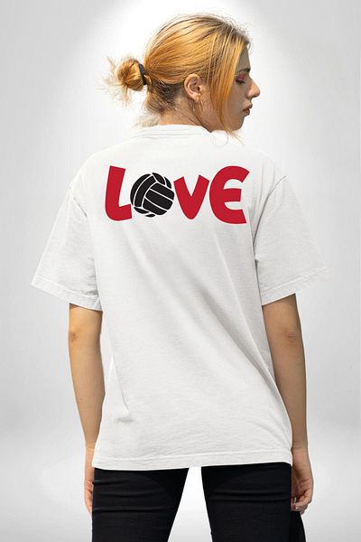 Angemiel تي شيرت Love Volleyball Love أبيض كبير الحجم للنساء والرجال مطبوع من الأمام والظهر