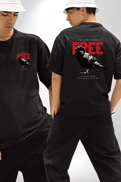 Angemiel Happy Birthday Printed Black Crow Black Oversize Women's Men's Front and Back Printed T-Shirt